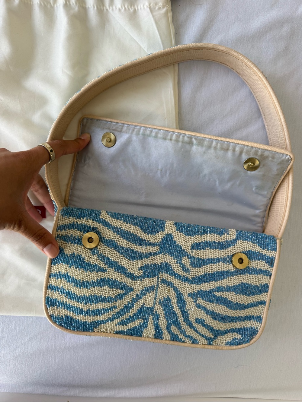 STAUD Blue and Cream Zebra Beaded Shoulder Bag - Picture 2 of 6